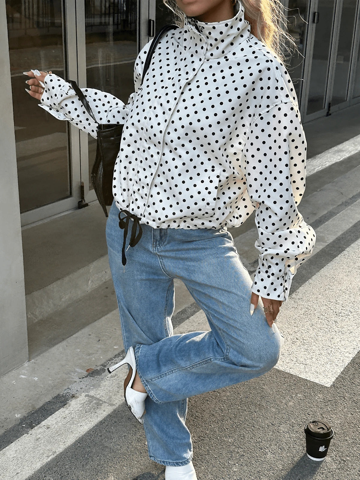 Women Polka Dot Bomber Jacket – White Cropped Jacket – Oversized Casual Fit