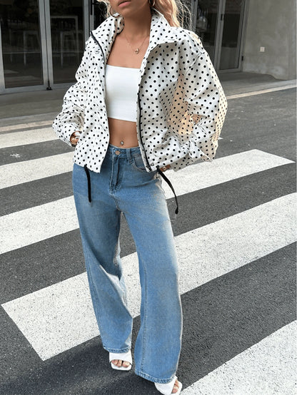 Women Polka Dot Bomber Jacket – White Cropped Jacket – Oversized Casual Fit
