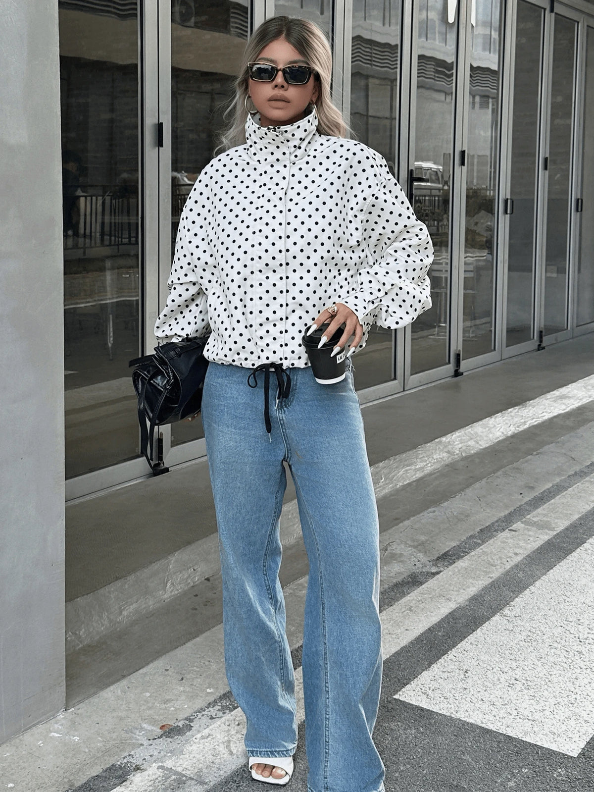 Women Polka Dot Bomber Jacket – White Cropped Jacket – Oversized Casual Fit