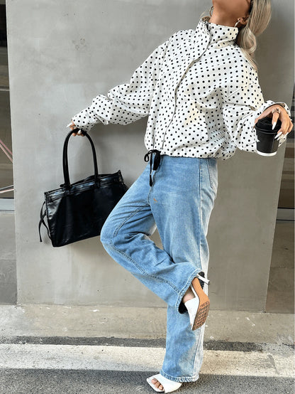 Women Polka Dot Bomber Jacket – White Cropped Jacket – Oversized Casual Fit