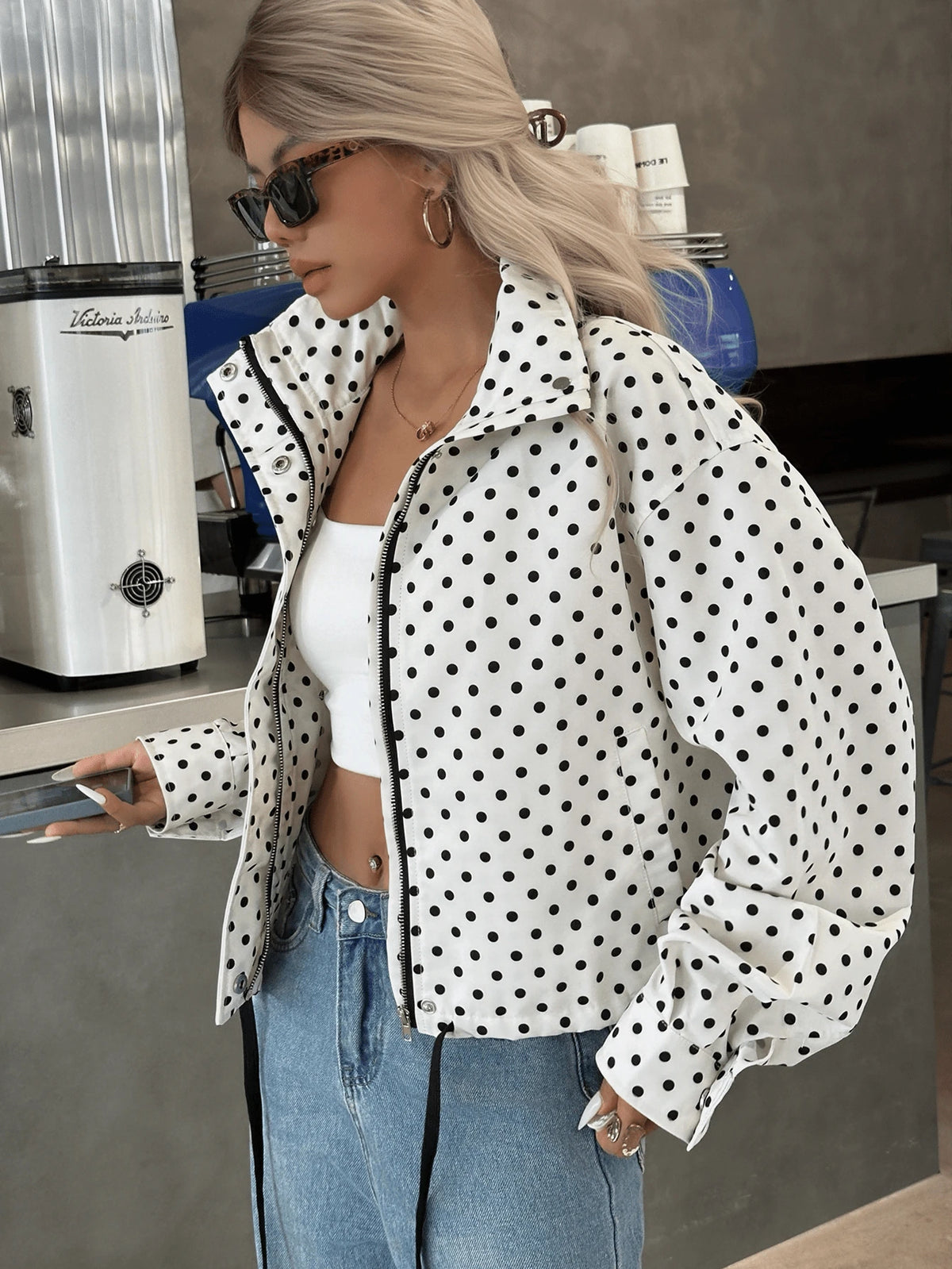 Women Polka Dot Bomber Jacket – White Cropped Jacket – Oversized Casual Fit