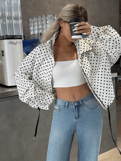 Women Polka Dot Bomber Jacket – White Cropped Jacket – Oversized Casual Fit