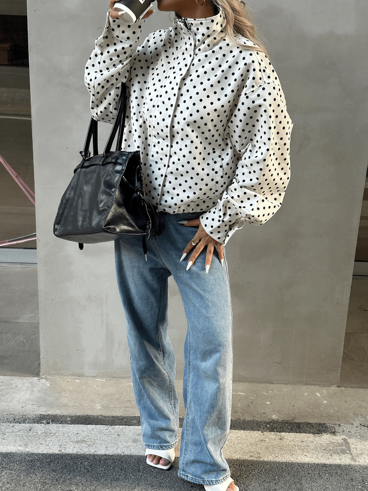 Women Polka Dot Bomber Jacket – White Cropped Jacket – Oversized Casual Fit