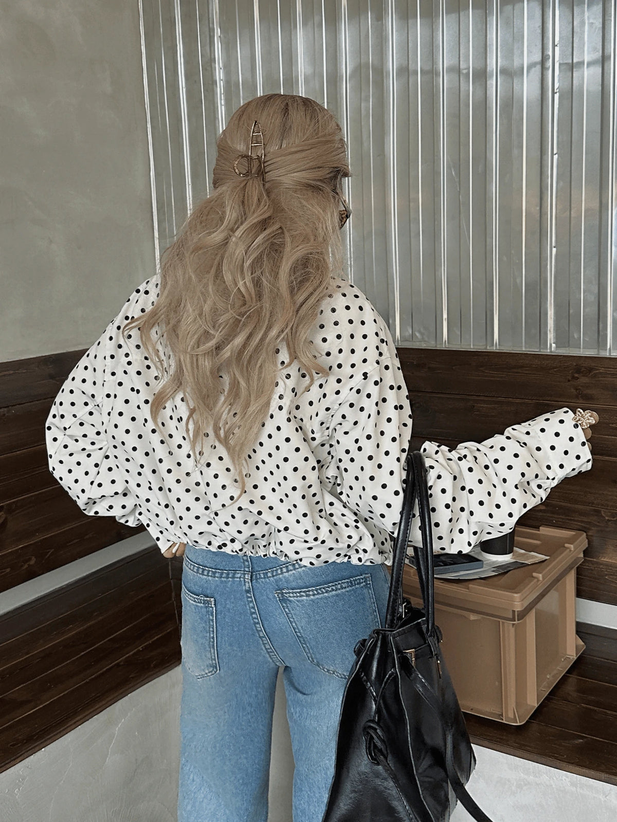 Women Polka Dot Bomber Jacket – White Cropped Jacket – Oversized Casual Fit