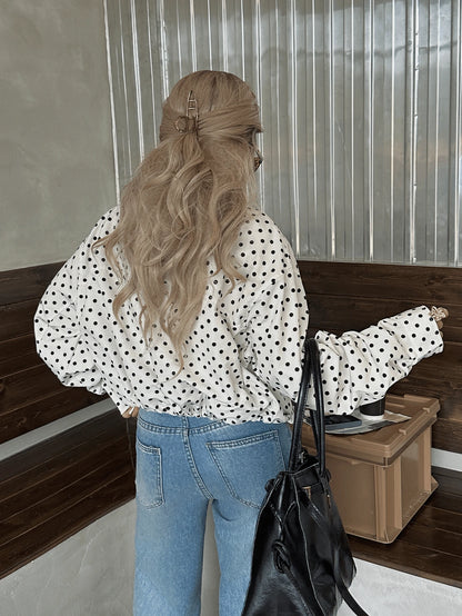 Women Polka Dot Bomber Jacket – White Cropped Jacket – Oversized Casual Fit