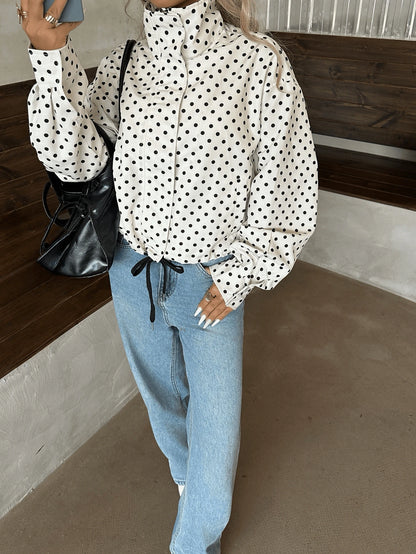 Women Polka Dot Bomber Jacket – White Cropped Jacket – Oversized Casual Fit