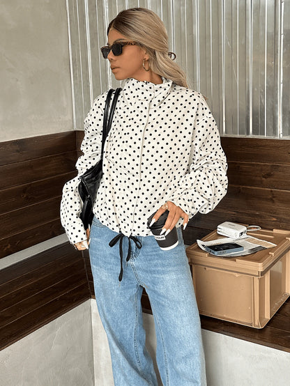 Women Polka Dot Bomber Jacket – White Cropped Jacket – Oversized Casual Fit