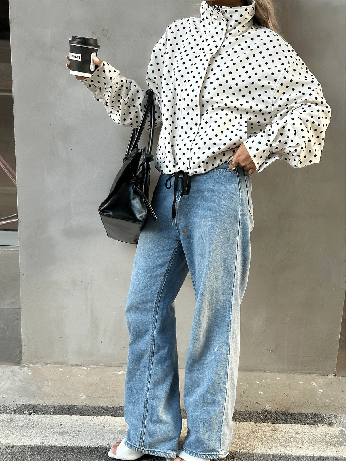 Women Polka Dot Bomber Jacket – White Cropped Jacket – Oversized Casual Fit