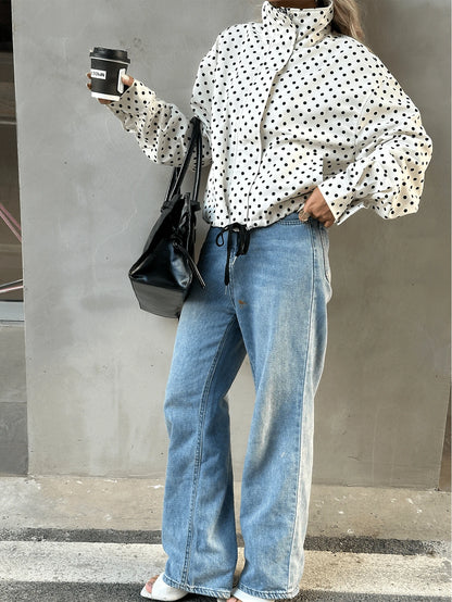 Women Polka Dot Bomber Jacket – White Cropped Jacket – Oversized Casual Fit