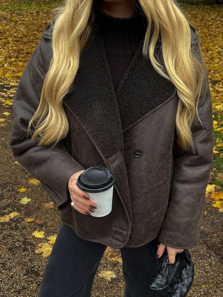 Women Faux Fur Lined Winter Jacket – Coffee Brown – Loose Fit Casual Coat