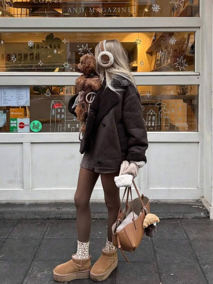 Women Faux Fur Lined Winter Jacket – Coffee Brown – Loose Fit Casual Coat