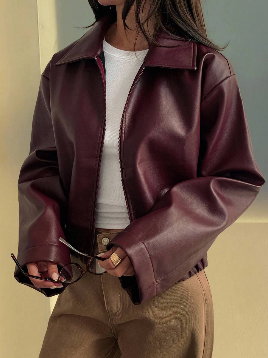 Oversized Faux Leather Jacket – Women – Casual Autumn Winter Coat