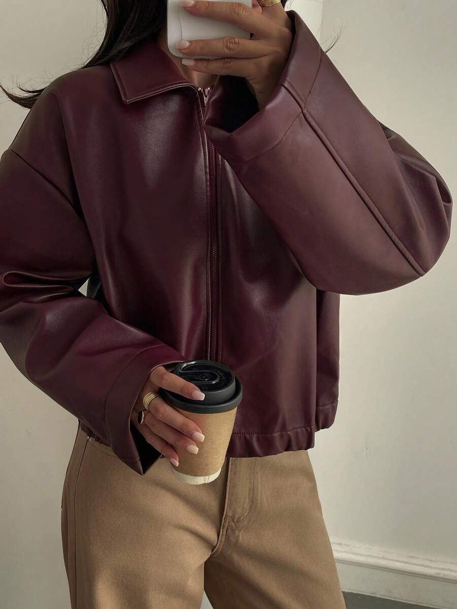 Oversized Faux Leather Jacket – Women – Casual Autumn Winter Coat