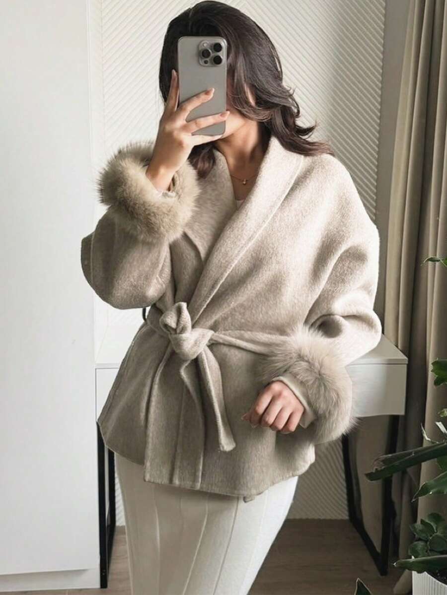 Women Faux Fur Wrap Coat  – Elegant Oversized Winter Jacket