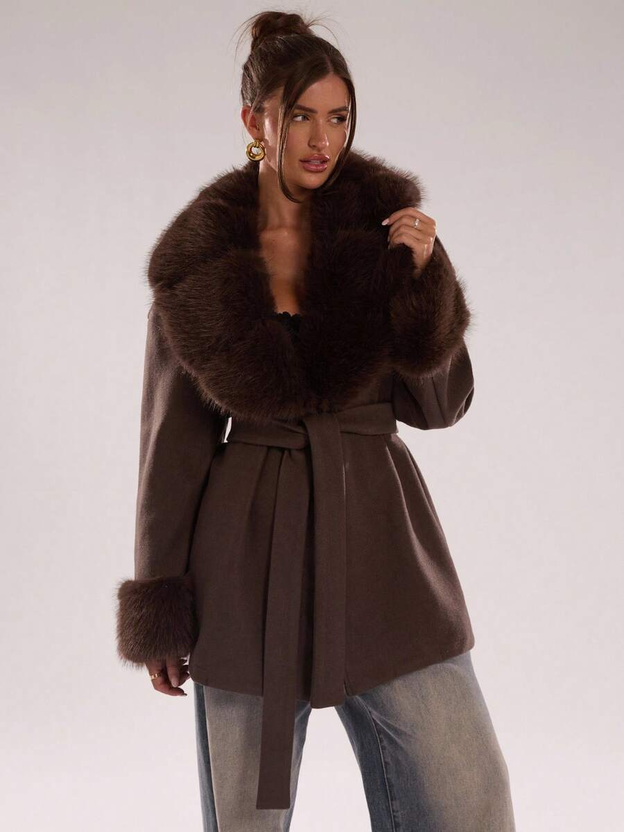 Faux Fur Patchwork Overcoat – Women's Belted Winter Wrap Coat – Coffee Brown