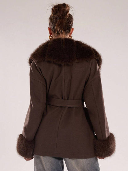 Faux Fur Patchwork Overcoat – Women's Belted Winter Wrap Coat – Coffee Brown