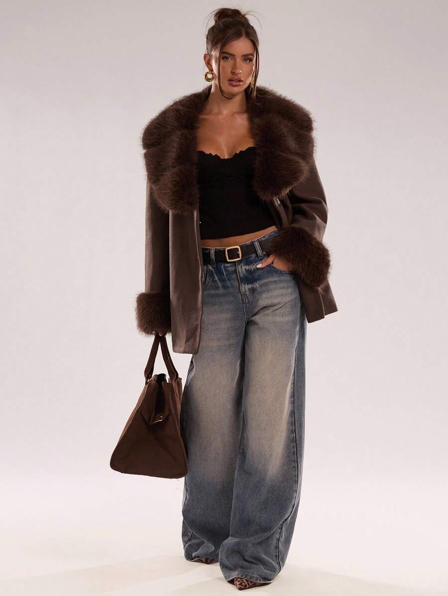 Faux Fur Patchwork Overcoat – Women's Belted Winter Wrap Coat – Coffee Brown