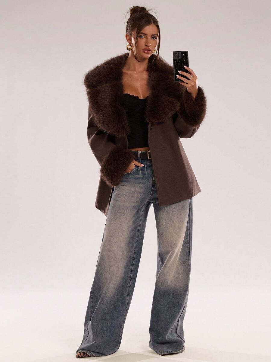 Faux Fur Patchwork Overcoat – Women's Belted Winter Wrap Coat – Coffee Brown
