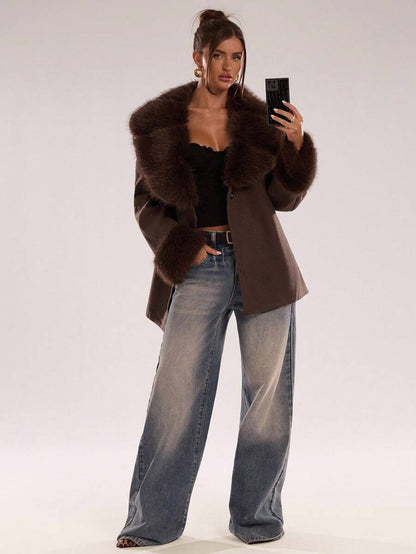 Faux Fur Patchwork Overcoat – Women's Belted Winter Wrap Coat – Coffee Brown