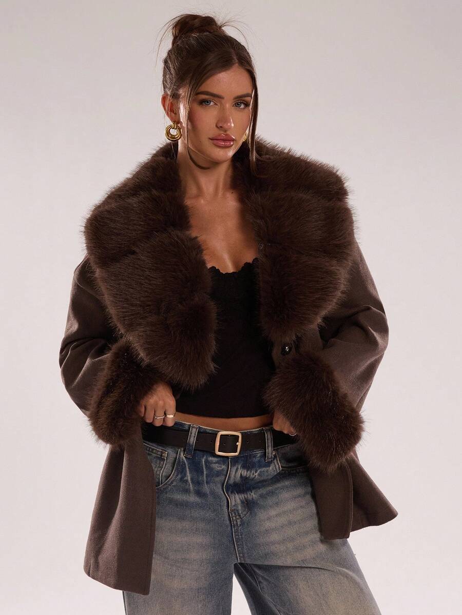 Faux Fur Patchwork Overcoat – Women's Belted Winter Wrap Coat – Coffee Brown