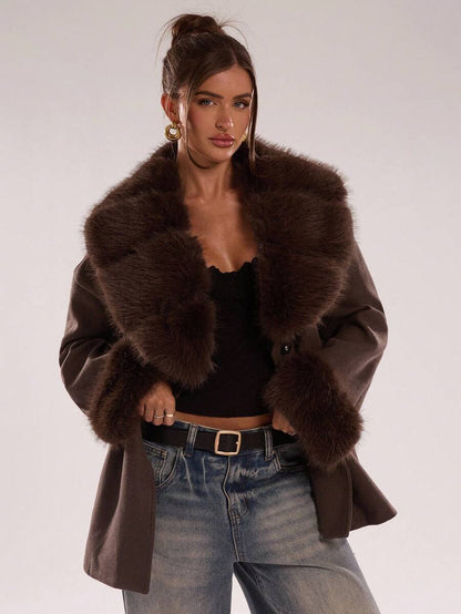 Faux Fur Patchwork Overcoat – Women's Belted Winter Wrap Coat – Coffee Brown