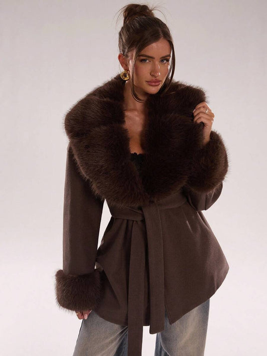 Faux Fur Patchwork Overcoat – Women's Belted Winter Wrap Coat – Coffee Brown