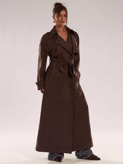 Women Long Trench Coat Coffee Brown – Double Breasted – Loose Fit Office Style