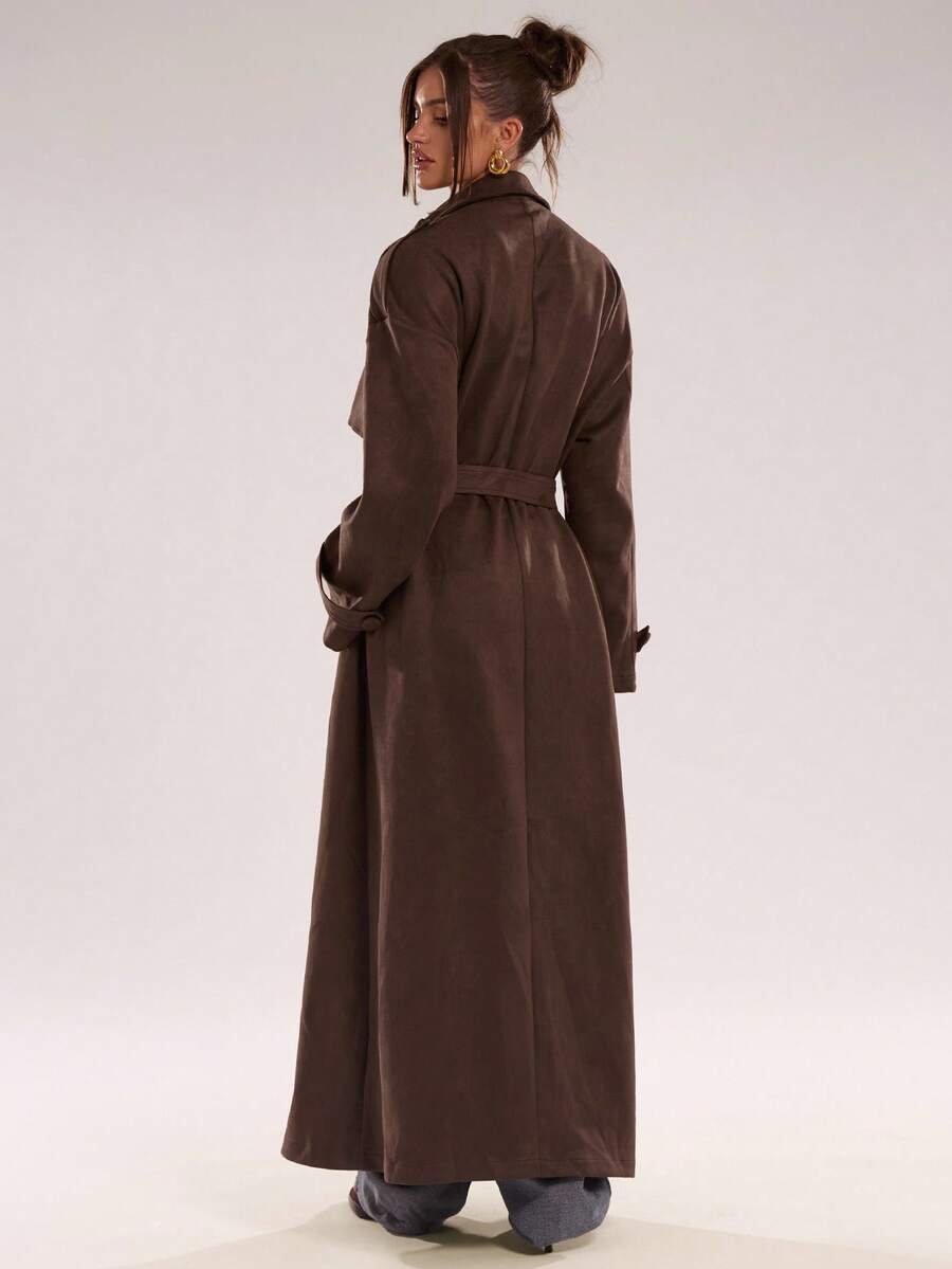 Women Long Trench Coat Coffee Brown – Double Breasted – Loose Fit Office Style