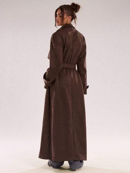 Women Long Trench Coat Coffee Brown – Double Breasted – Loose Fit Office Style