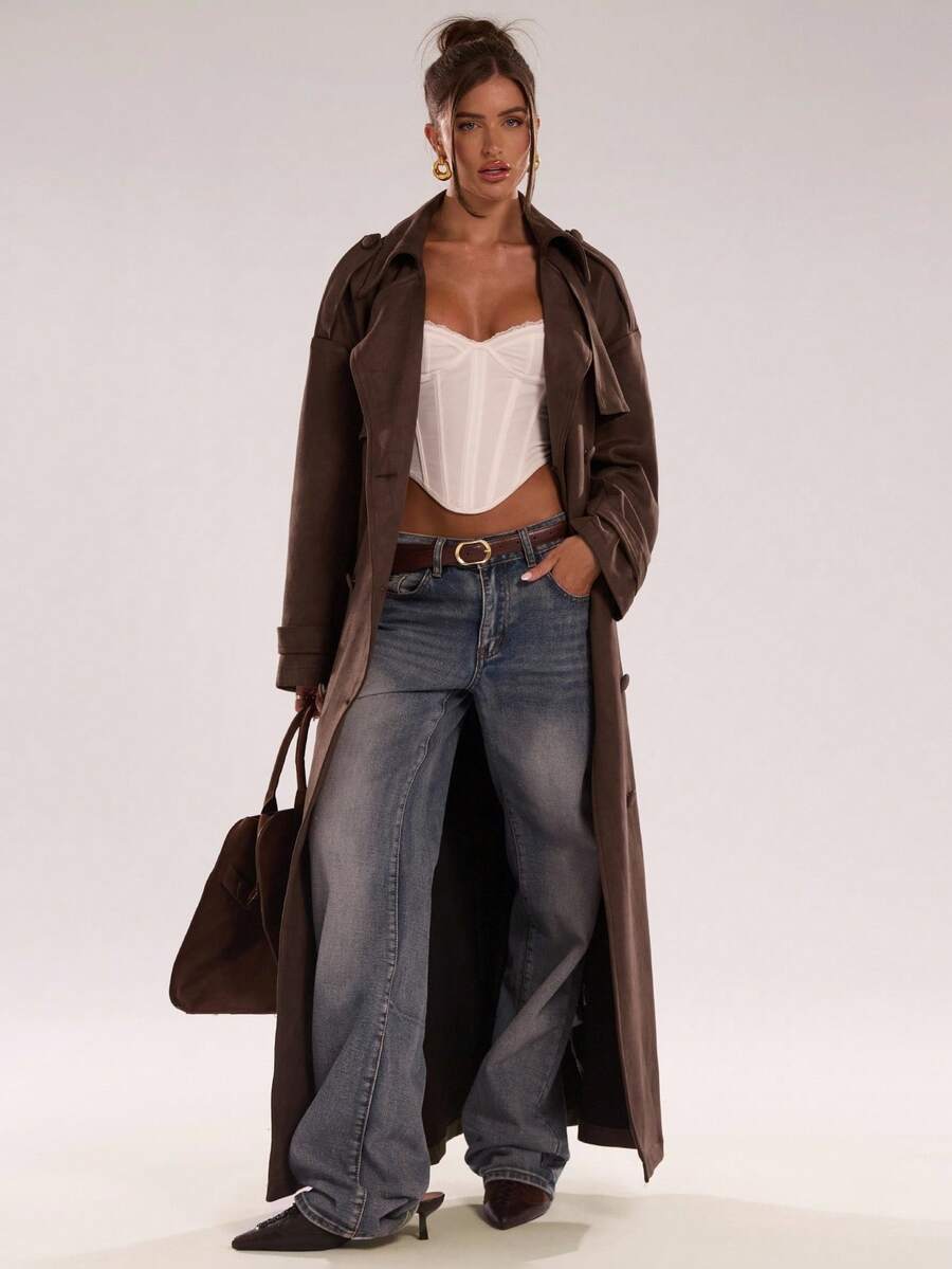 Women Long Trench Coat Coffee Brown – Double Breasted – Loose Fit Office Style