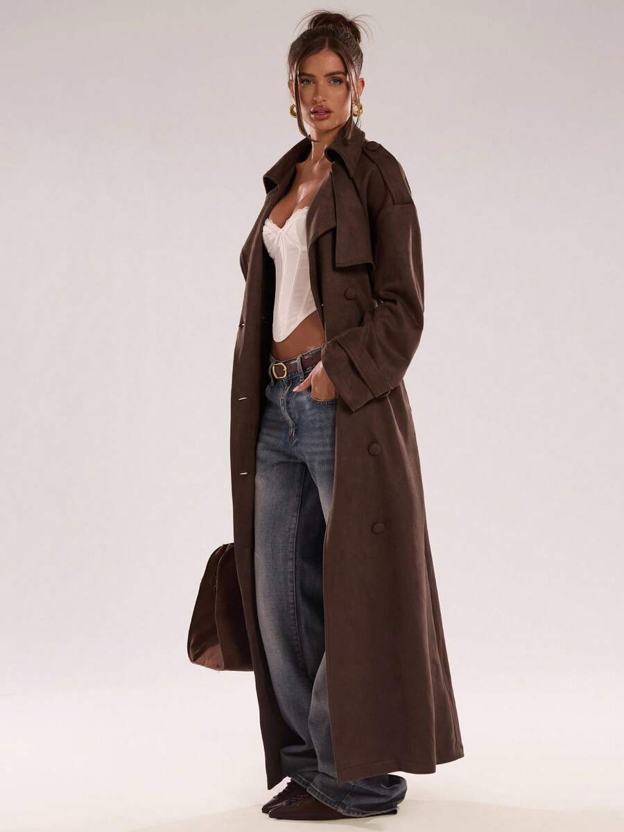 Women Long Trench Coat Coffee Brown – Double Breasted – Loose Fit Office Style