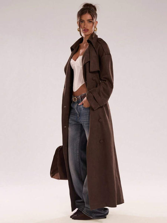 Women Long Trench Coat Coffee Brown – Double Breasted – Loose Fit Office Style