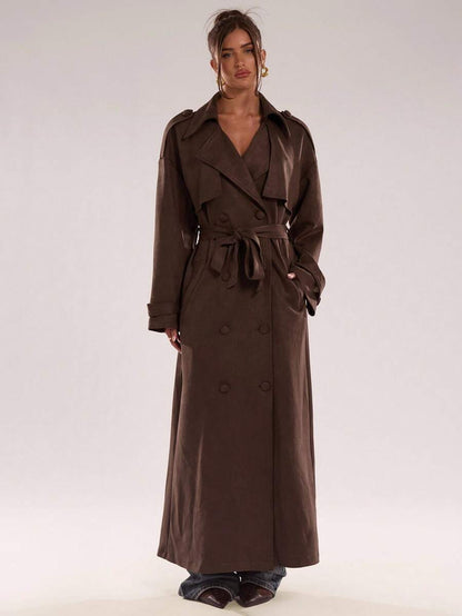 Women Long Trench Coat Coffee Brown – Double Breasted – Loose Fit Office Style