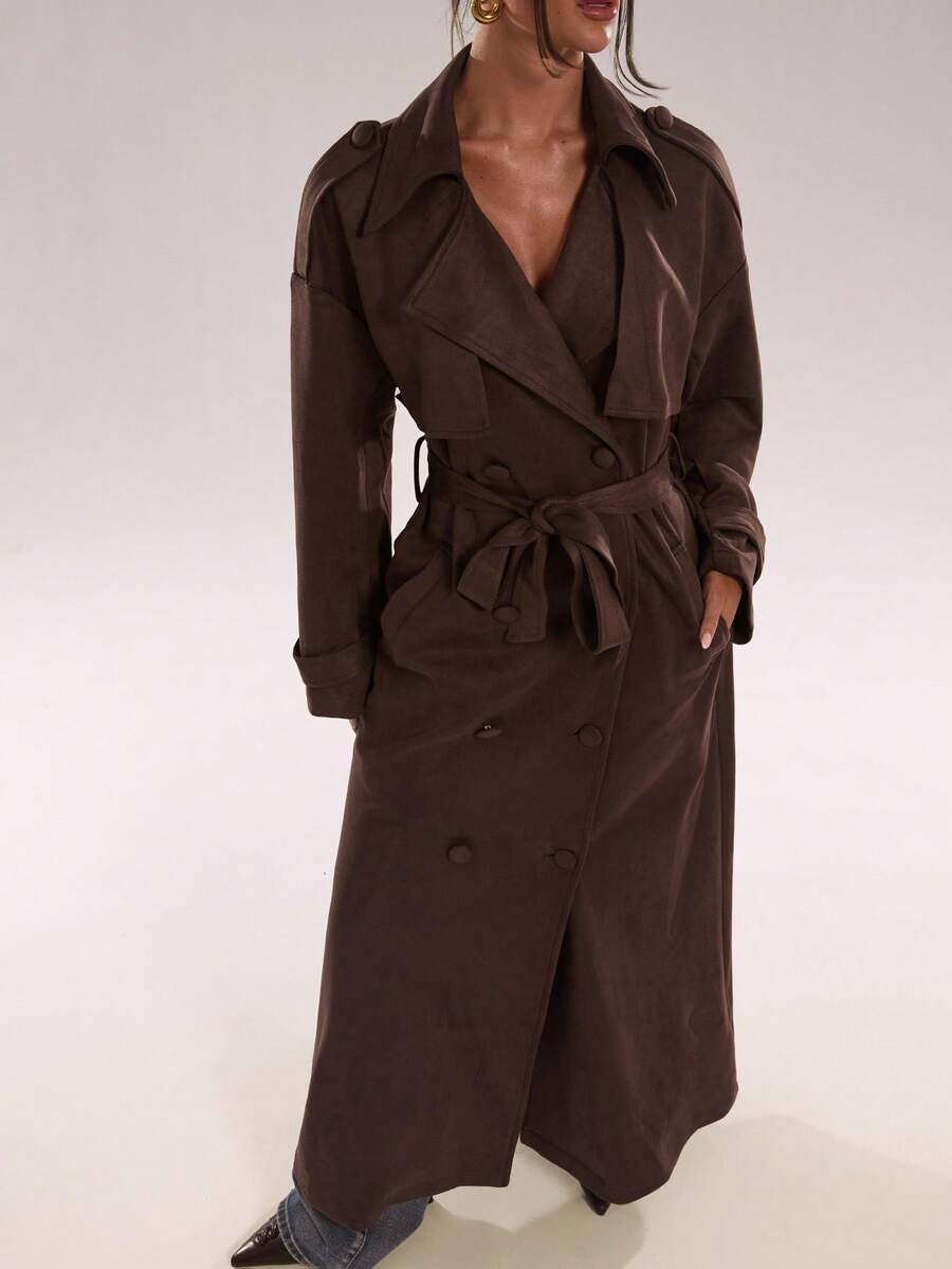 Women Long Trench Coat Coffee Brown – Double Breasted – Loose Fit Office Style