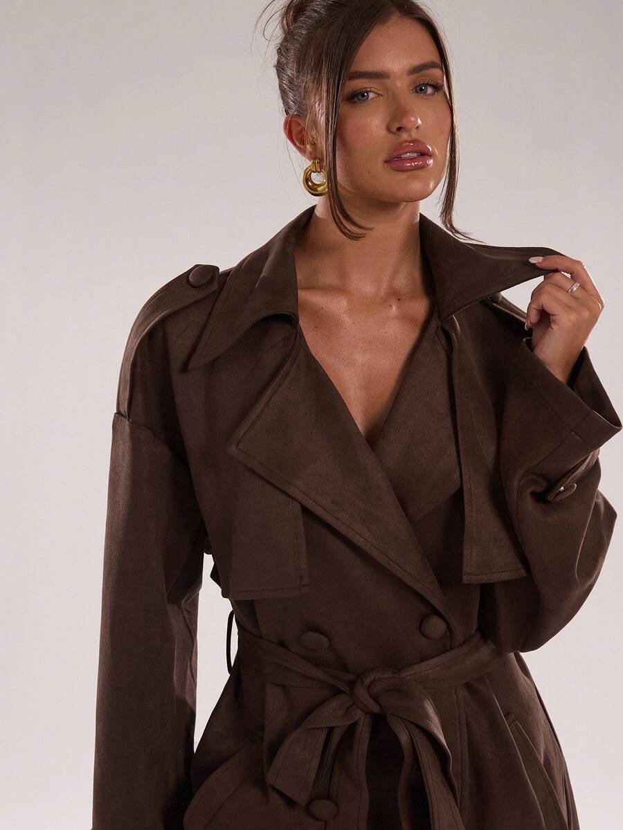 Women Long Trench Coat Coffee Brown – Double Breasted – Loose Fit Office Style