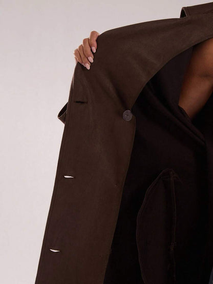 Women Long Trench Coat Coffee Brown – Double Breasted – Loose Fit Office Style