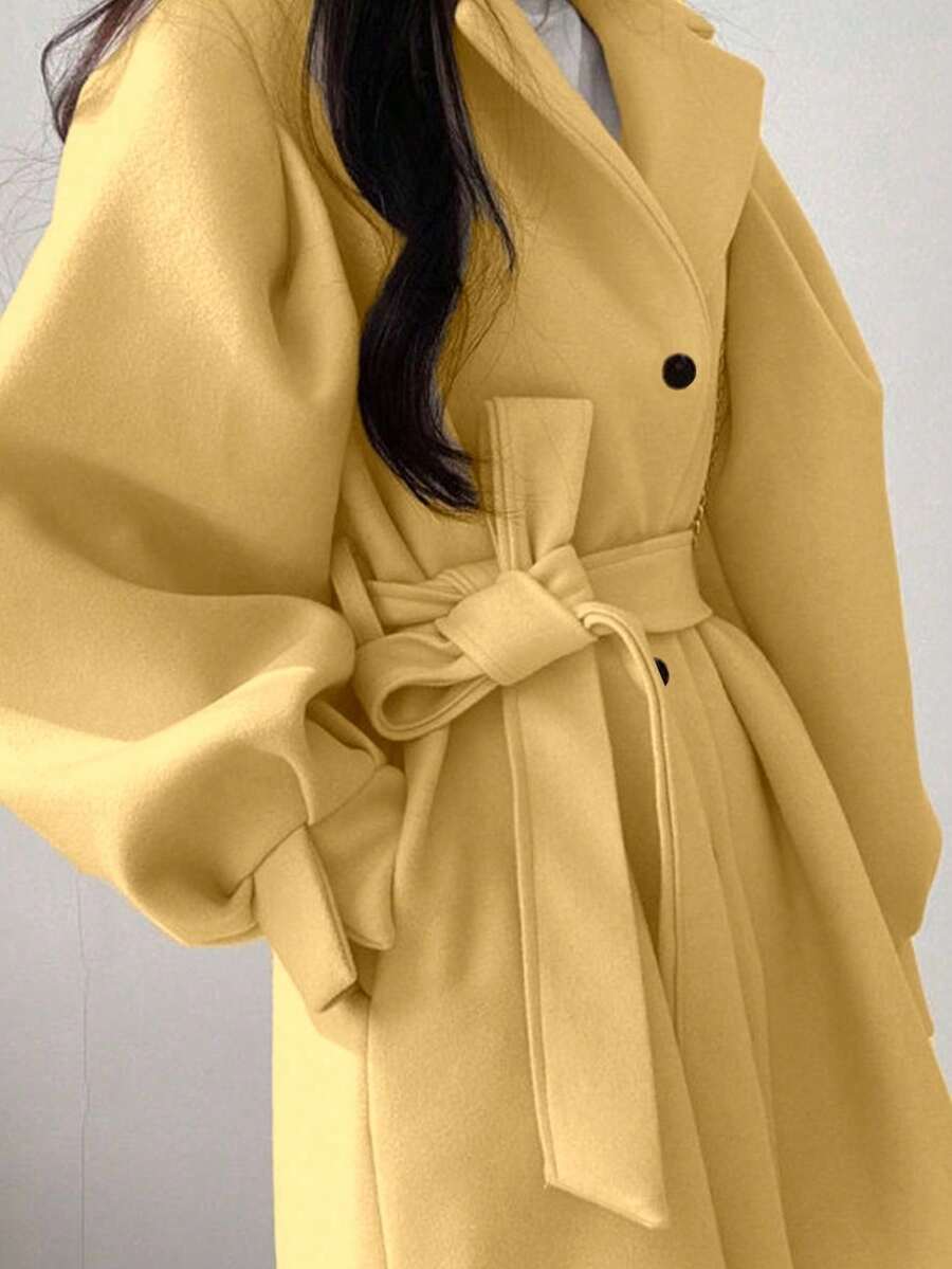 Double Breasted Belted Tweed Jacket – Elegant Long Coat