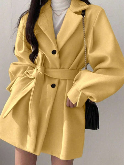 Double Breasted Belted Tweed Jacket – Elegant Long Coat
