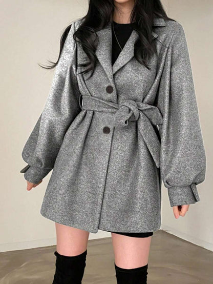 Double Breasted Belted Tweed Jacket – Elegant Long Coat