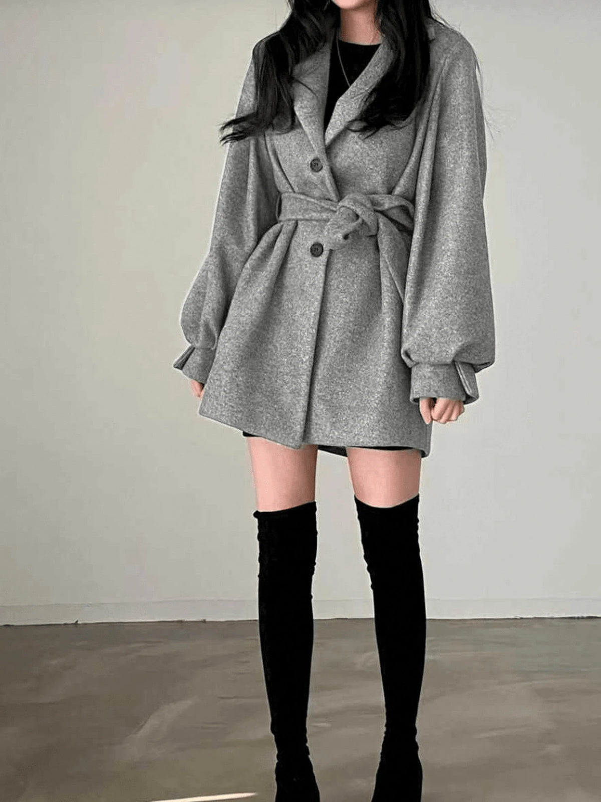 Double Breasted Belted Tweed Jacket – Elegant Long Coat