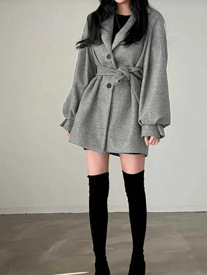 Double Breasted Belted Tweed Jacket – Elegant Long Coat