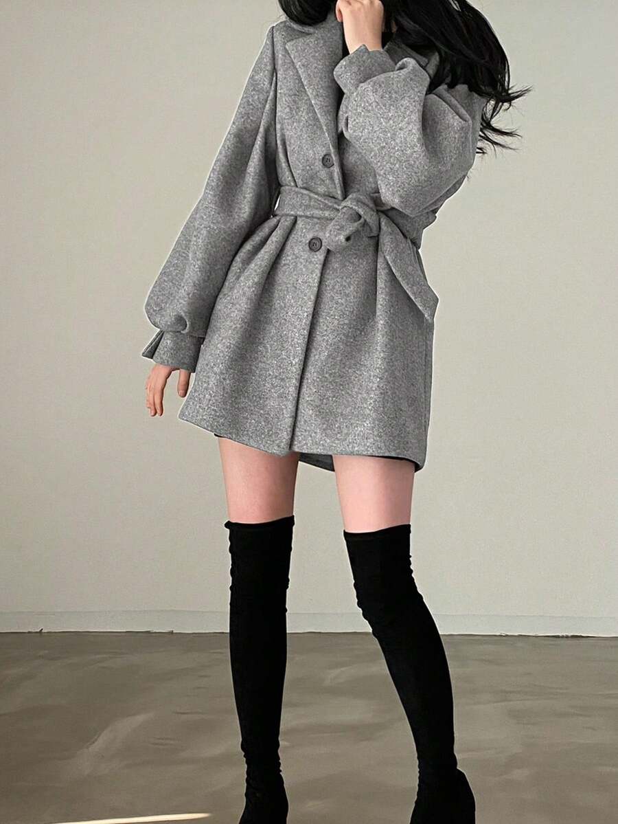Double Breasted Belted Tweed Jacket – Elegant Long Coat