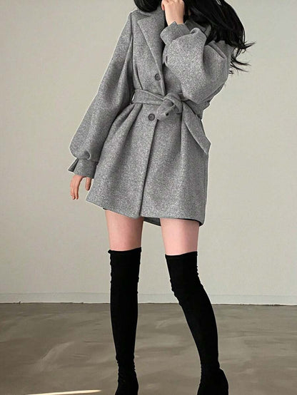 Double Breasted Belted Tweed Jacket – Elegant Long Coat