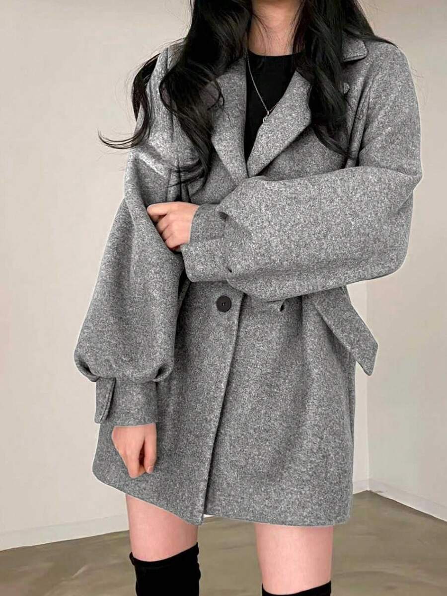 Double Breasted Belted Tweed Jacket – Elegant Long Coat
