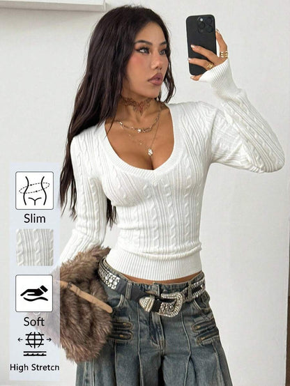 Vintage Ribbed Scoop Neck Sweater – Autumn / Winter – Y2K Knit Pullover
