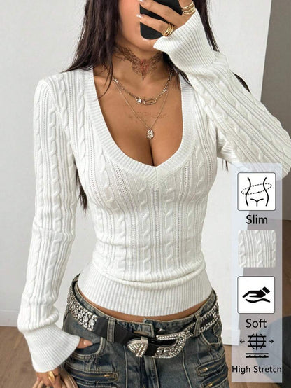 Vintage Ribbed Scoop Neck Sweater – Autumn / Winter – Y2K Knit Pullover