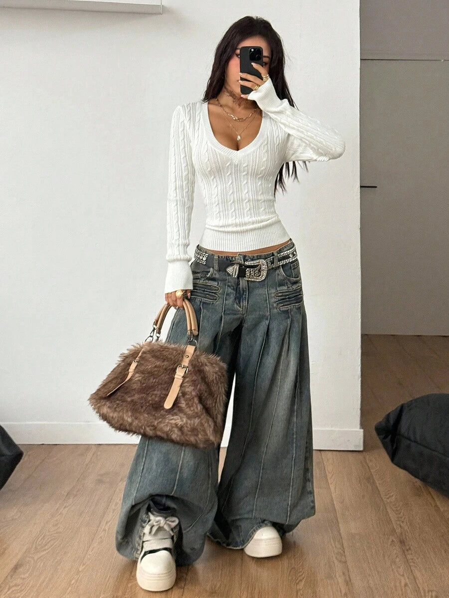 Vintage Ribbed Scoop Neck Sweater – Autumn / Winter – Y2K Knit Pullover