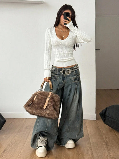 Vintage Ribbed Scoop Neck Sweater – Autumn / Winter – Y2K Knit Pullover
