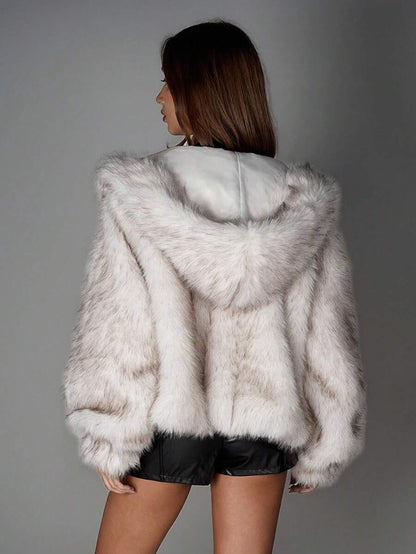 Hooded Faux Fur Jacket – Women's Oversized Winter Coat – White Teddy Fur