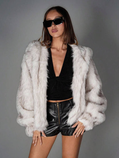 Hooded Faux Fur Jacket – Women's Oversized Winter Coat – White Teddy Fur